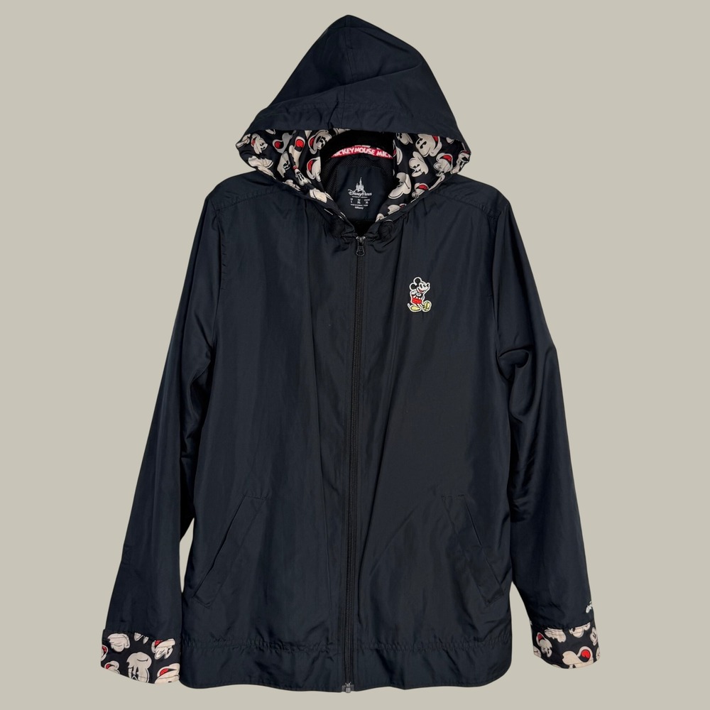 Disney Parks Mickey Mouse Hooded Windbreaker Jacket Full Zip Black Large